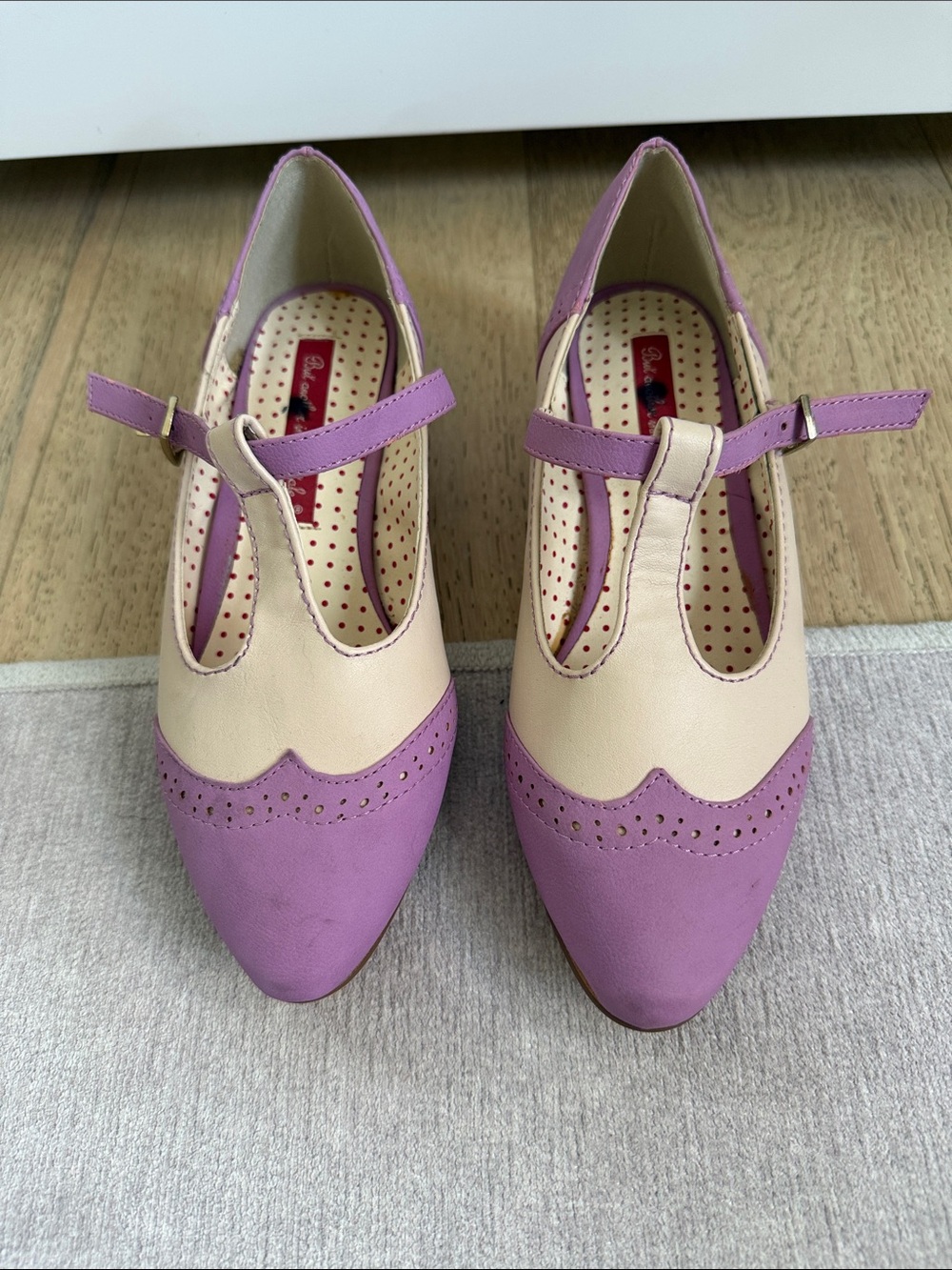 Two-Tone Lavender and Cream Mary Jane kitten heels